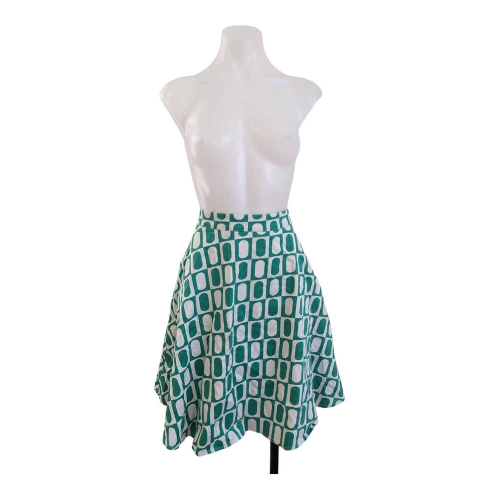 Eva Rose Size Large A Line Flared Skirt Green White Geometric Print Cotton Blend